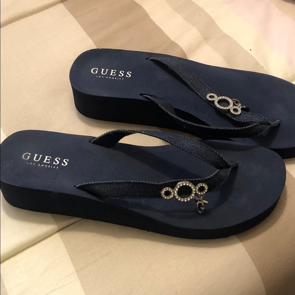 GUESS Navy Rhinestone Logo Platform Flip Flops
